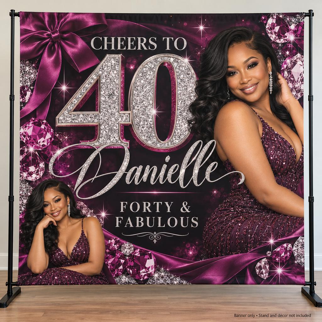 Plum and silver Forty and Fabulous personalized adult birthday photo backdrop; banner only