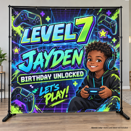 Teal and lime Level 7 personalized gaming birthday backdrop; banner only