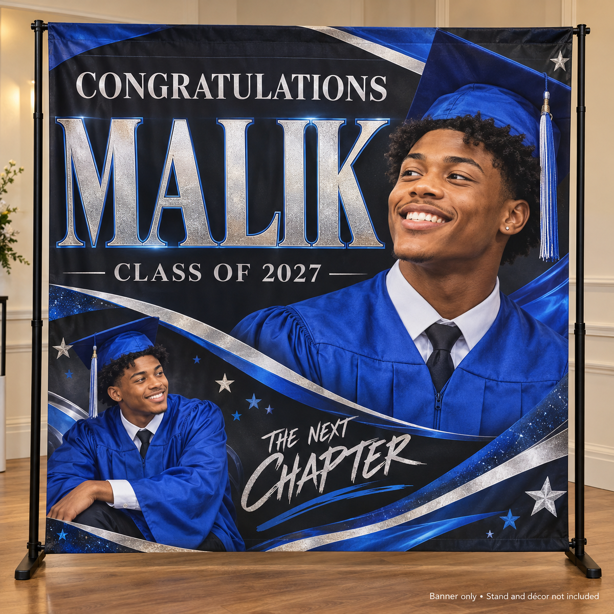 Royal blue and silver personalized graduation photo backdrop; banner only