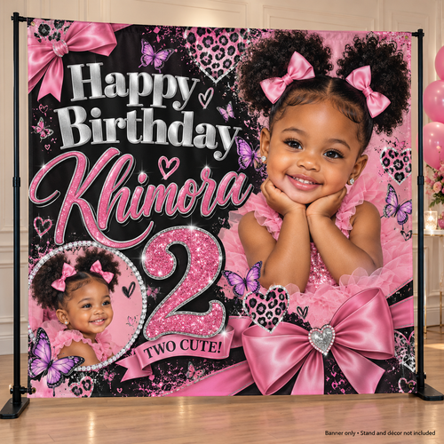 Pink butterfly and bow personalized second birthday photo backdrop; banner only