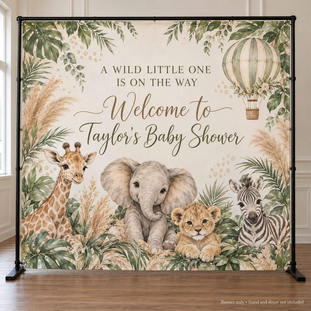 Sage and ivory safari baby shower backdrop with baby animals; banner only