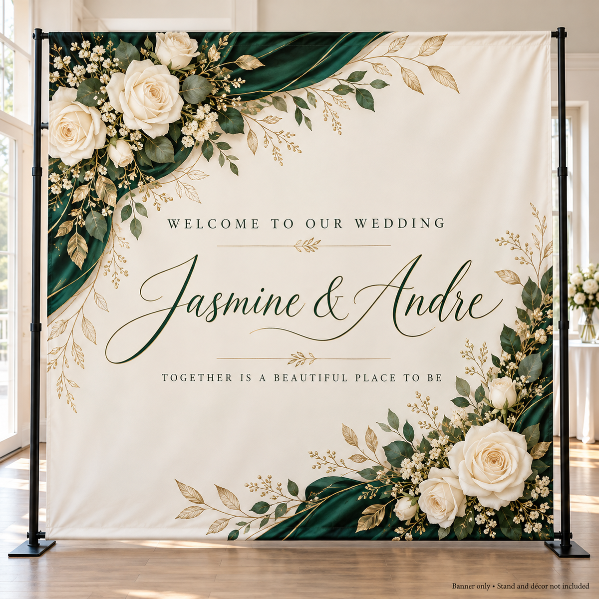 Emerald and ivory floral personalized wedding welcome backdrop; banner only