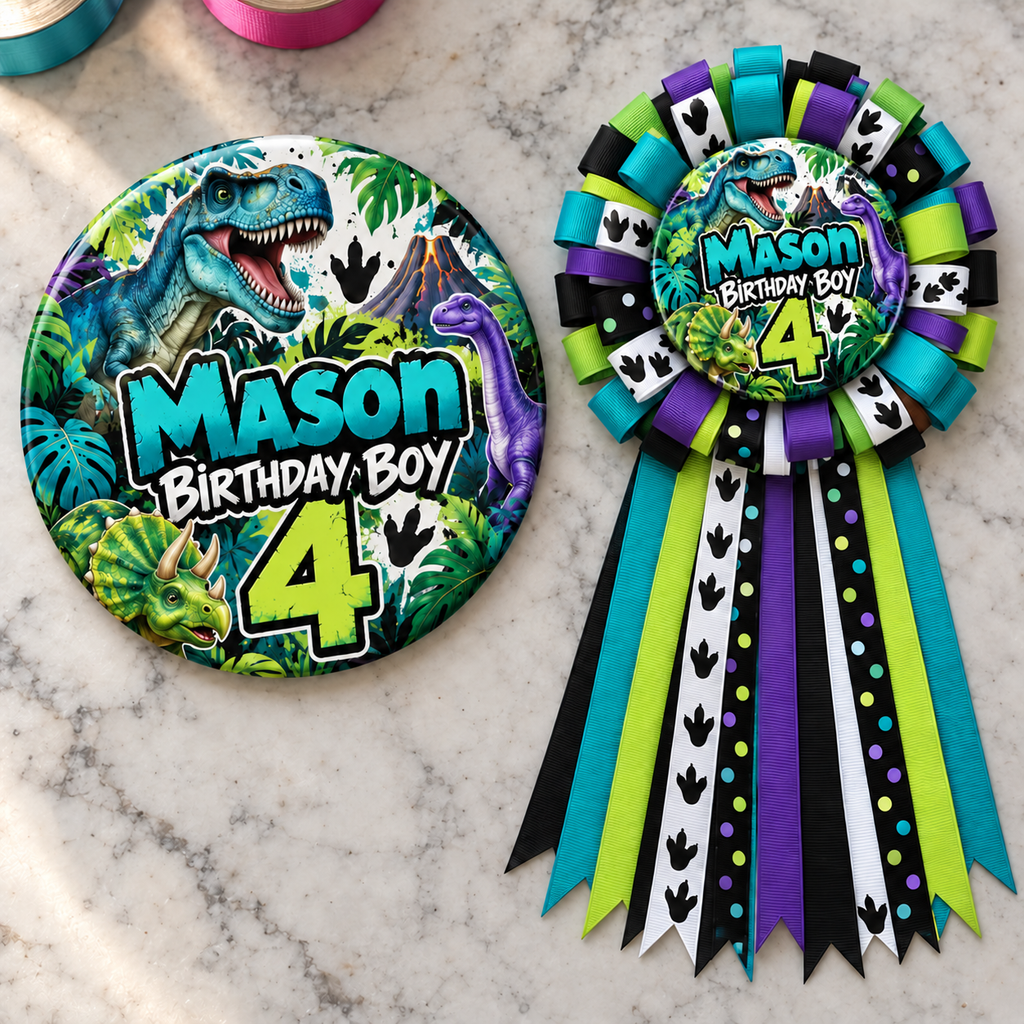 dinosaur themed personalized birthday button and ribbon mum displayed on a marble tabletop