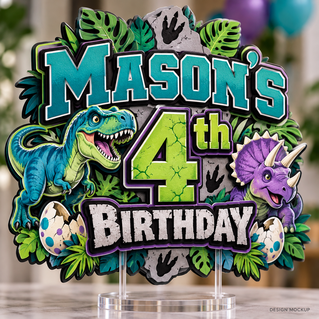Design mockup of a personalized layered birthday cake topper with dinosaur artwork