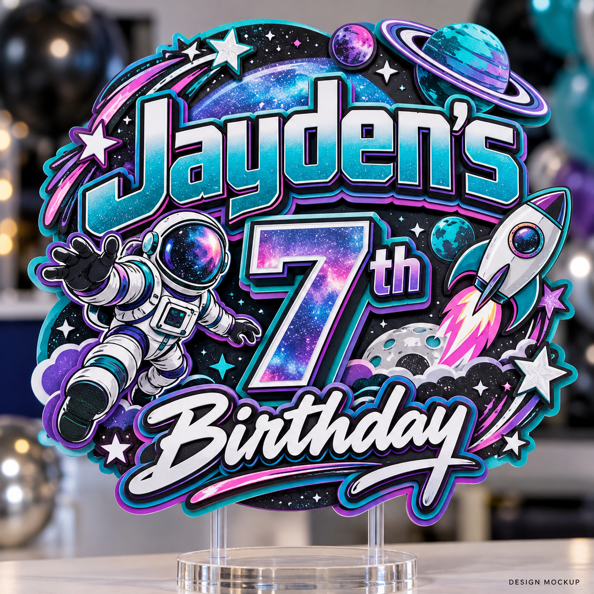 Design mockup of a personalized layered birthday cake topper with space artwork