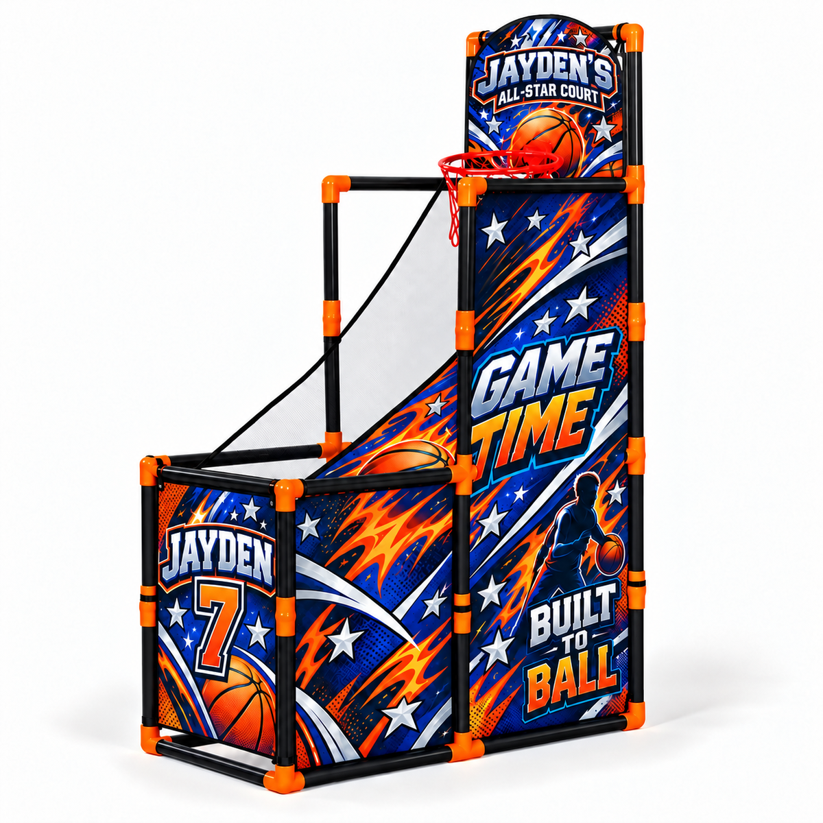 All-star court design preview with black poles and orange connectors, angled view