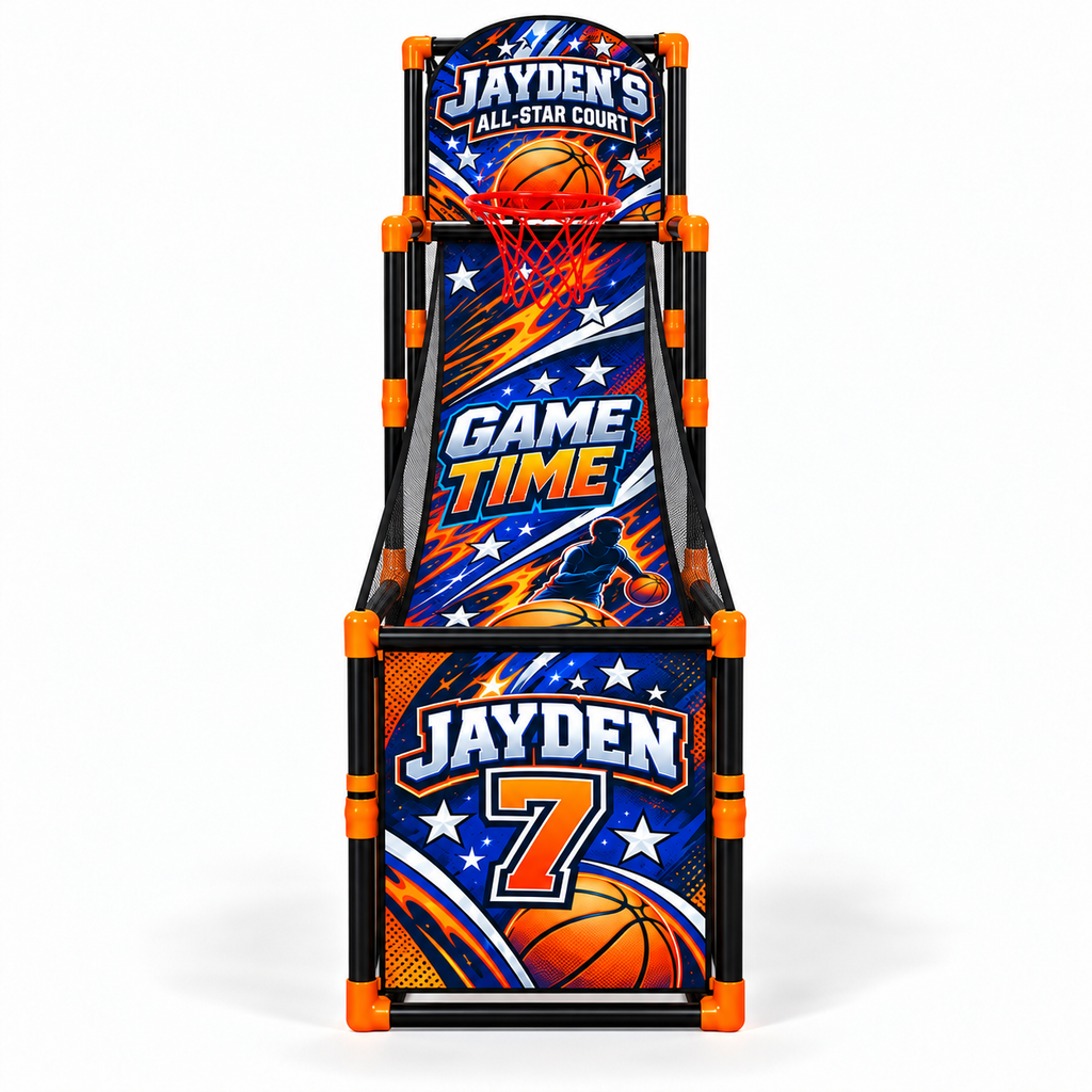 All-star court design preview with black poles and orange connectors, front view