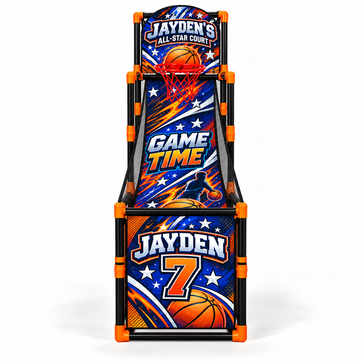 All-star court design preview with black poles and orange connectors, front view