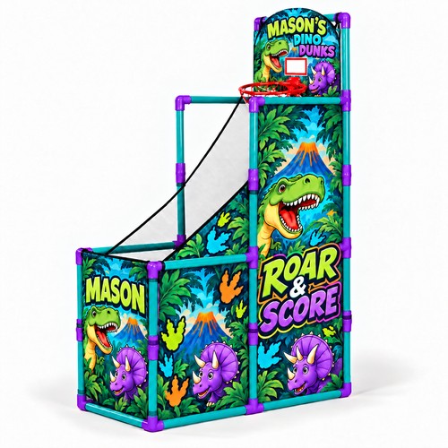 Dinosaur court design preview with teal poles and purple connectors, angled view