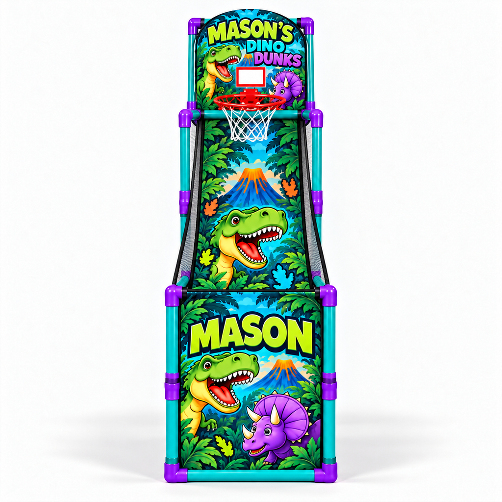 Dinosaur court design preview with teal poles and purple connectors, front view