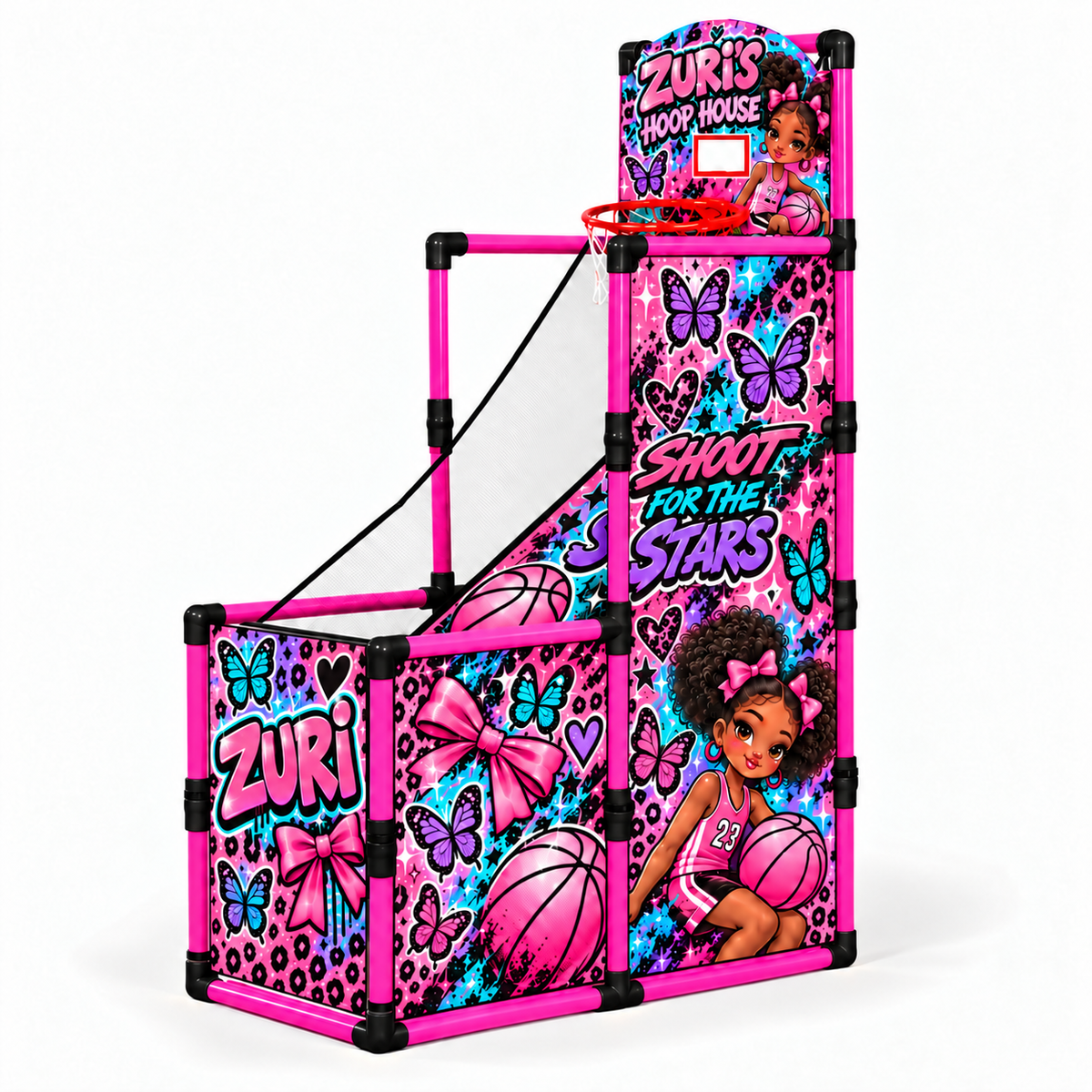 Butterfly court design preview with pink poles and black connectors, angled view