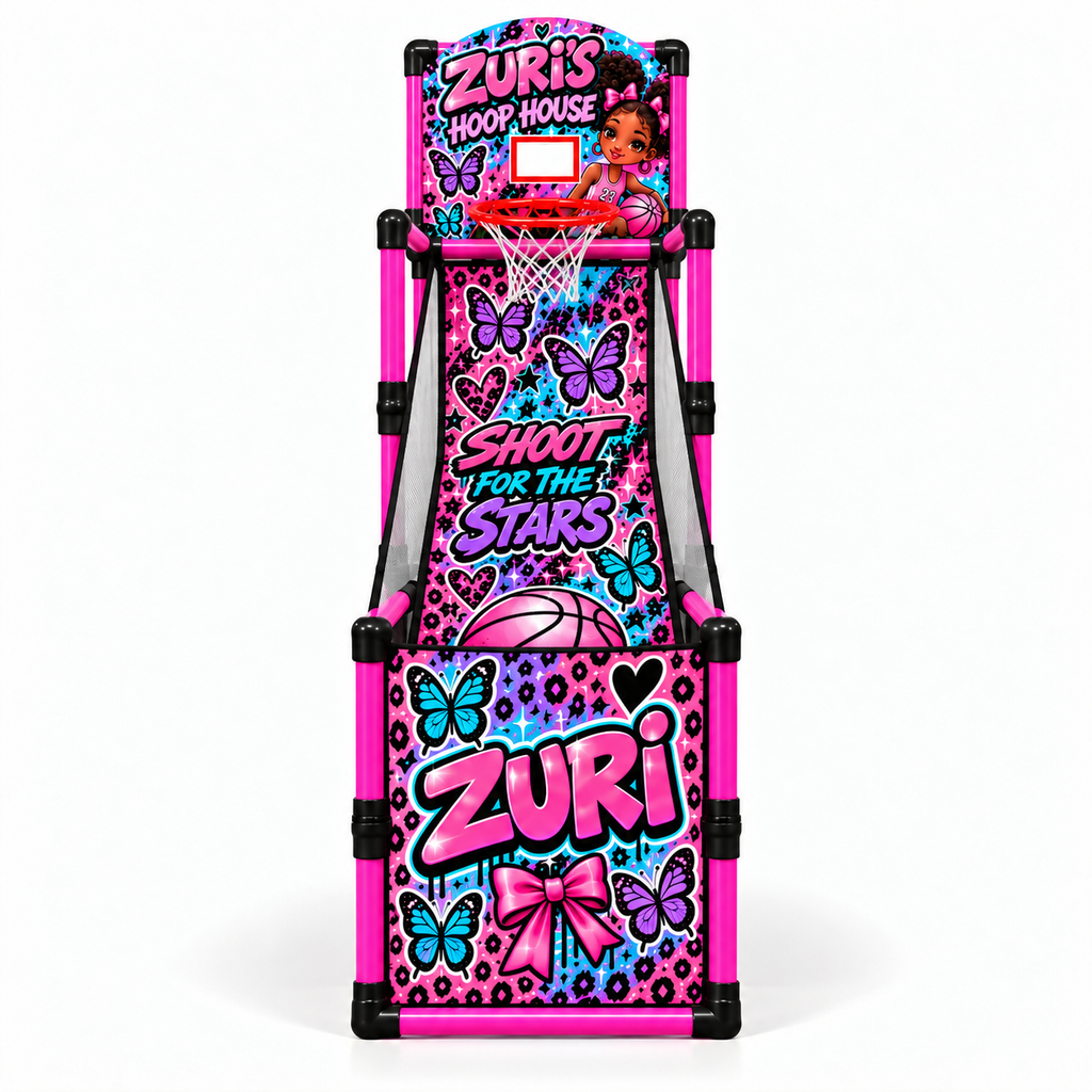 Butterfly court design preview with pink poles and black connectors, front view