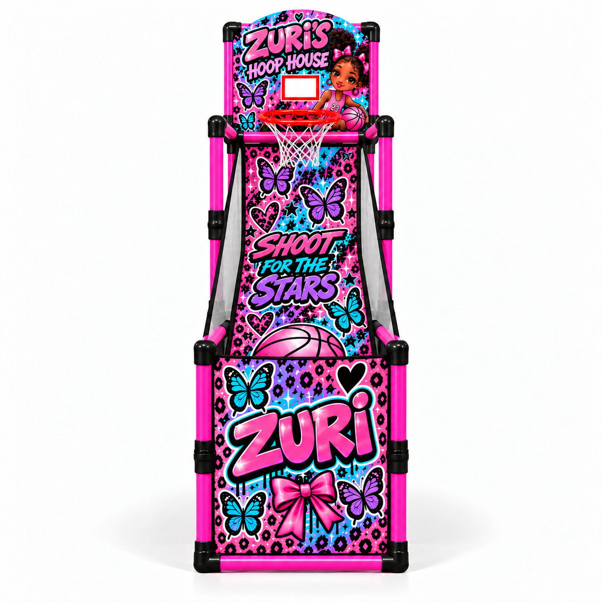 Butterfly court design preview with pink poles and black connectors, front view