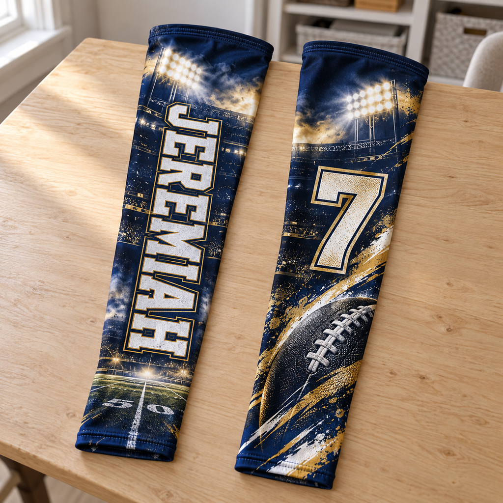 Navy and gold personalized football sleeve pair