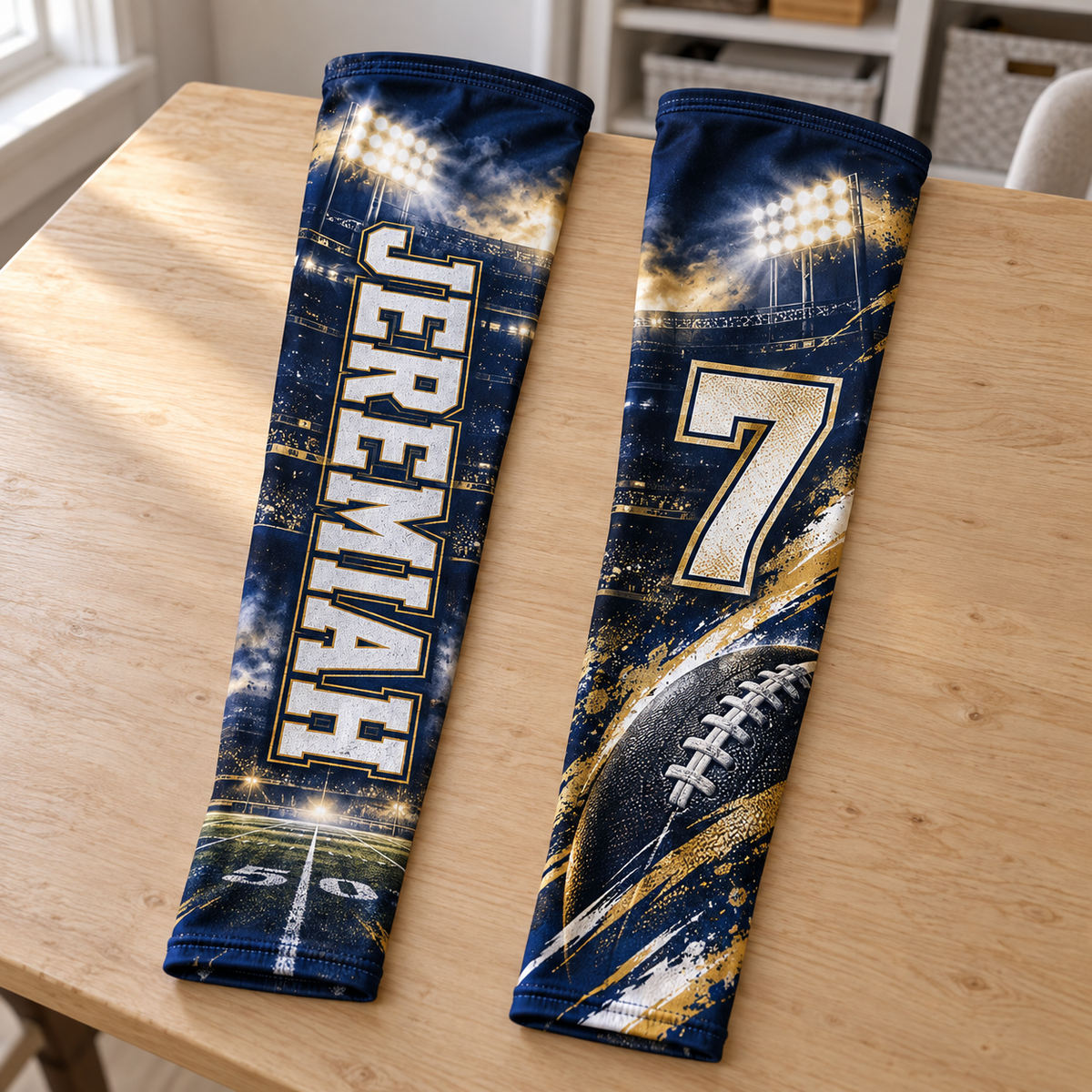 Navy and gold personalized football sleeve pair