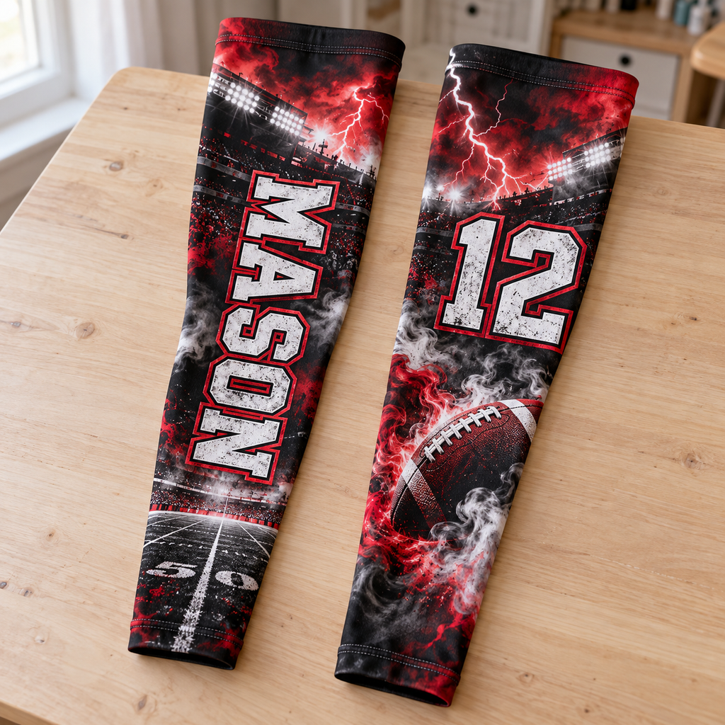 Red and black personalized football sleeve pair