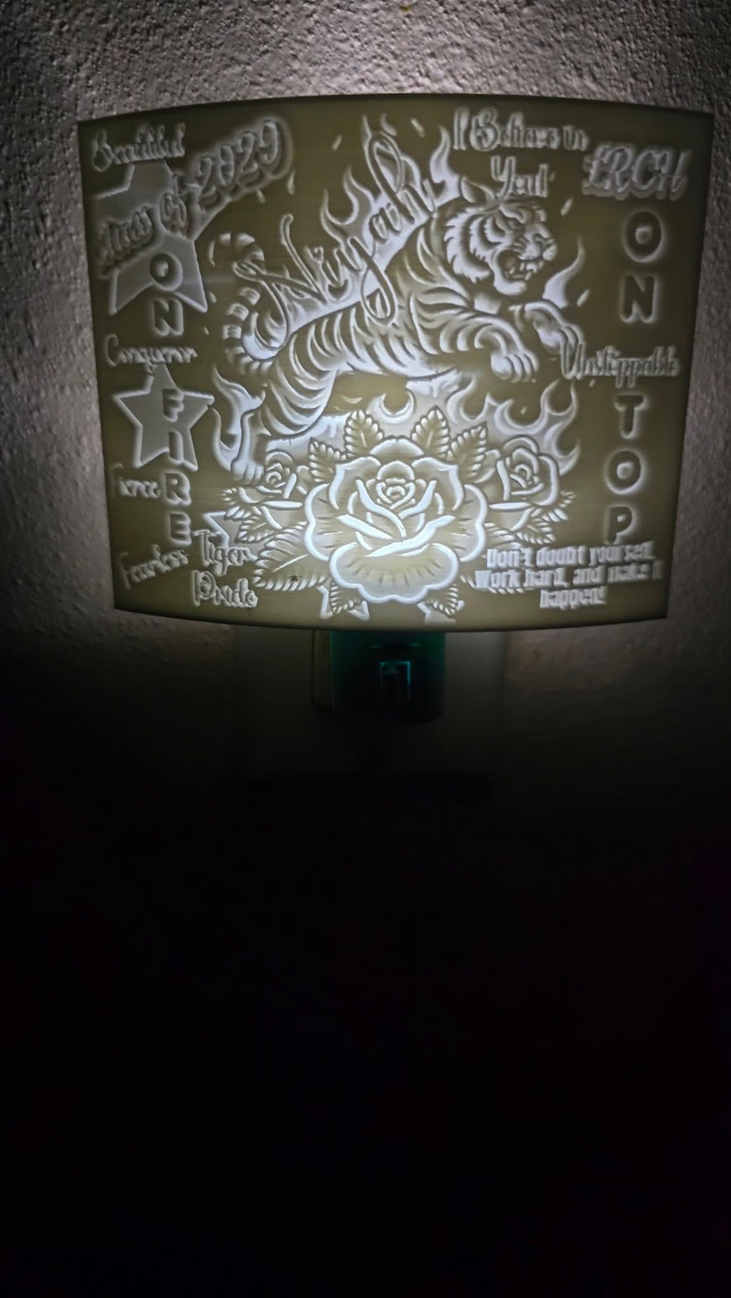 Custom graphic lithophane plug-in night light with tiger and rose design