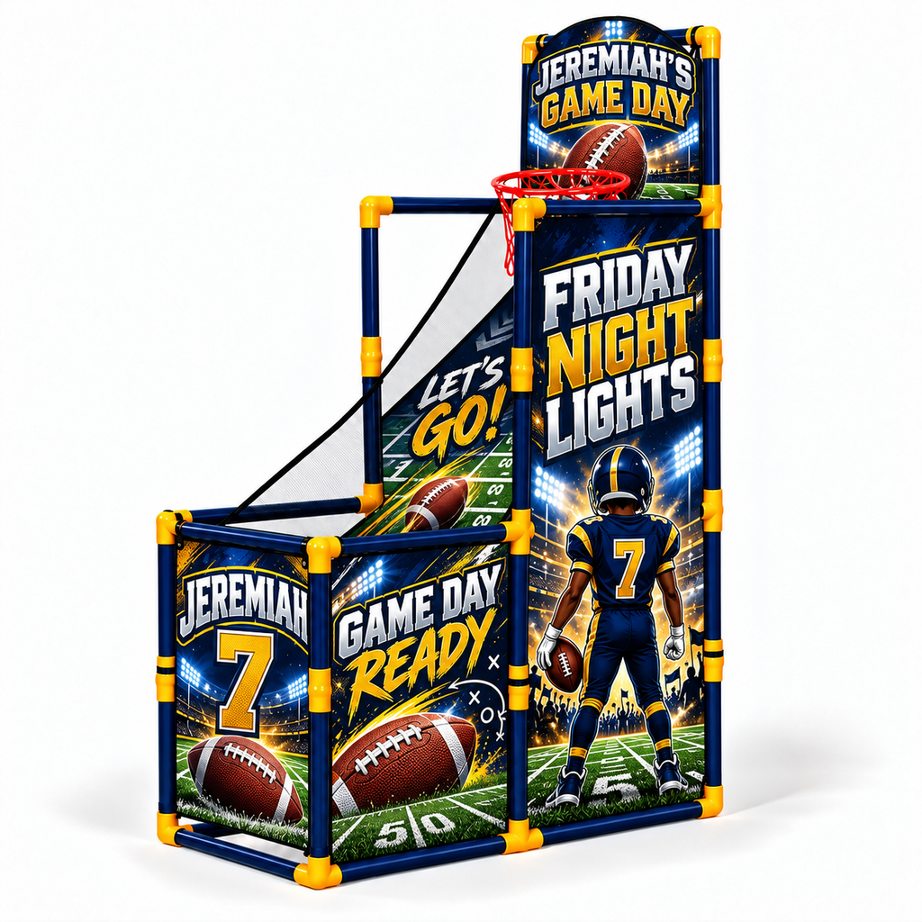 Navy and gold game day themed mini basketball court with personalized stadium graphics