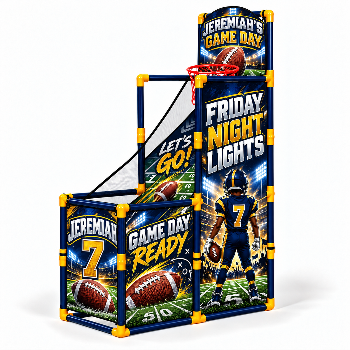 Navy and gold game day themed mini basketball court with personalized stadium graphics