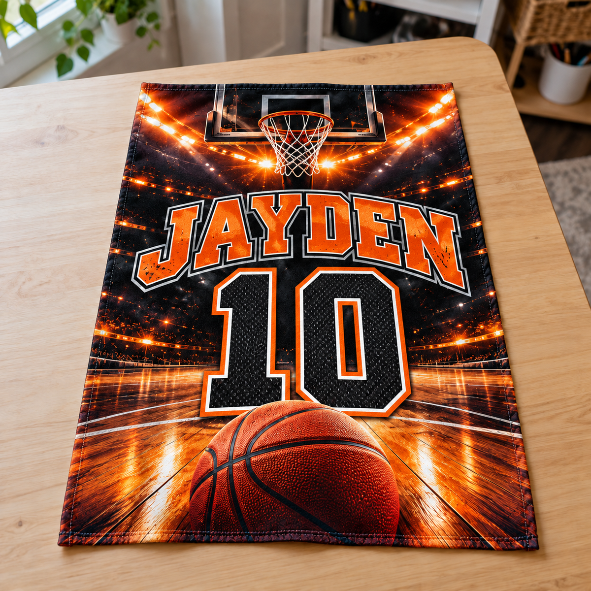 Black and orange personalized basketball towel with edge-to-edge design, Jayden number 10 — design preview