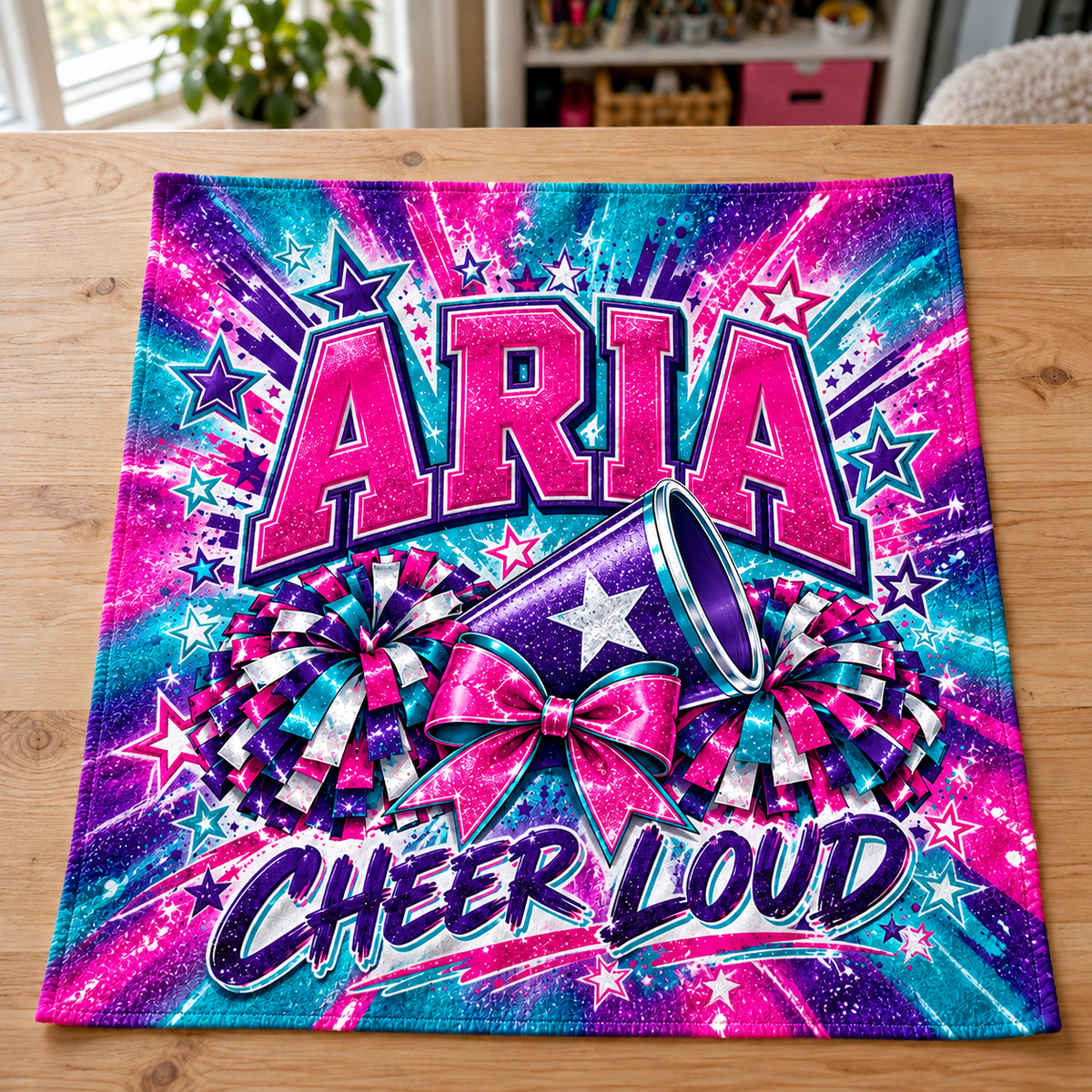 Pink purple and teal personalized cheer towel with edge-to-edge design, Aria Cheer Loud — design preview