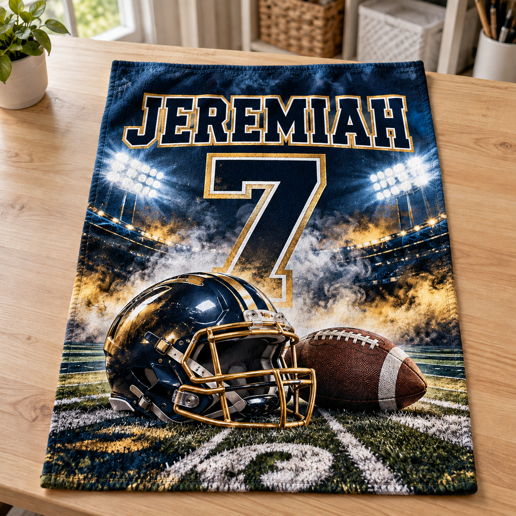 Navy and gold personalized football towel with edge-to-edge design, Jeremiah number 7 — design preview