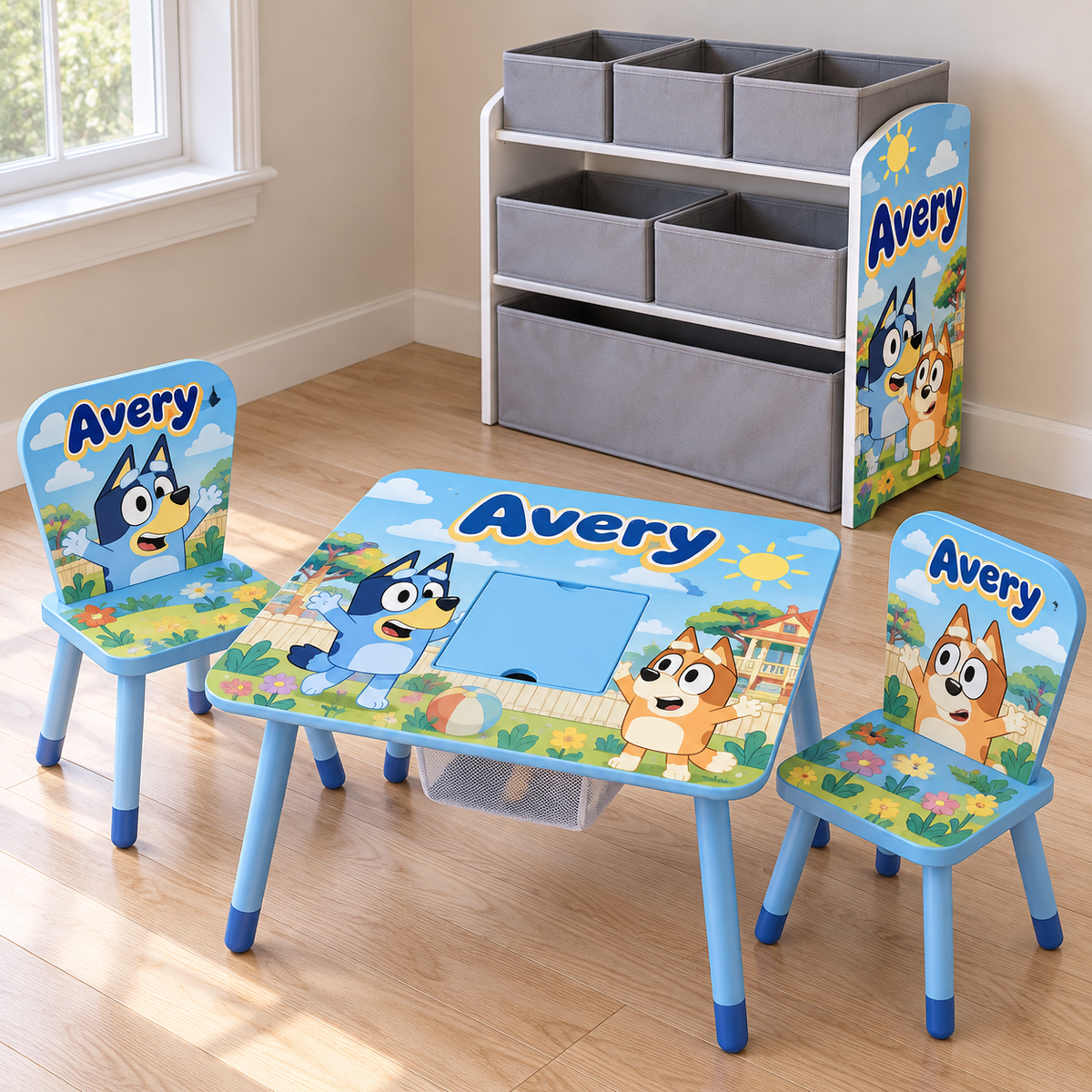 Bluey themed custom kids table set with gray organizer bins — design preview