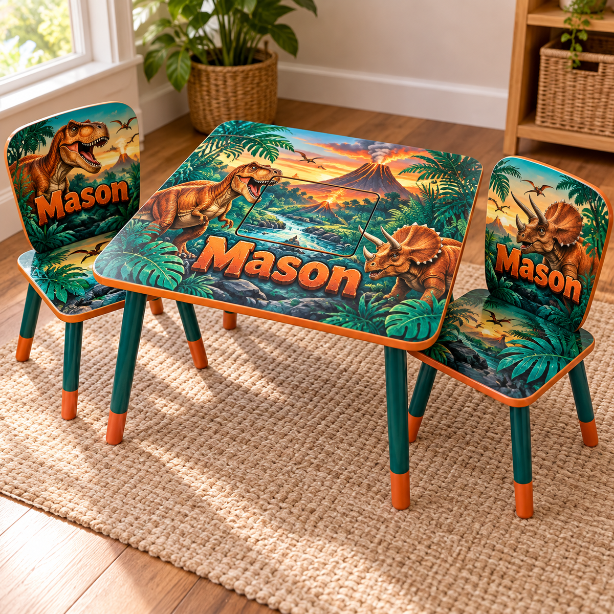 Dinosaur themed custom kids table and two chairs — design preview