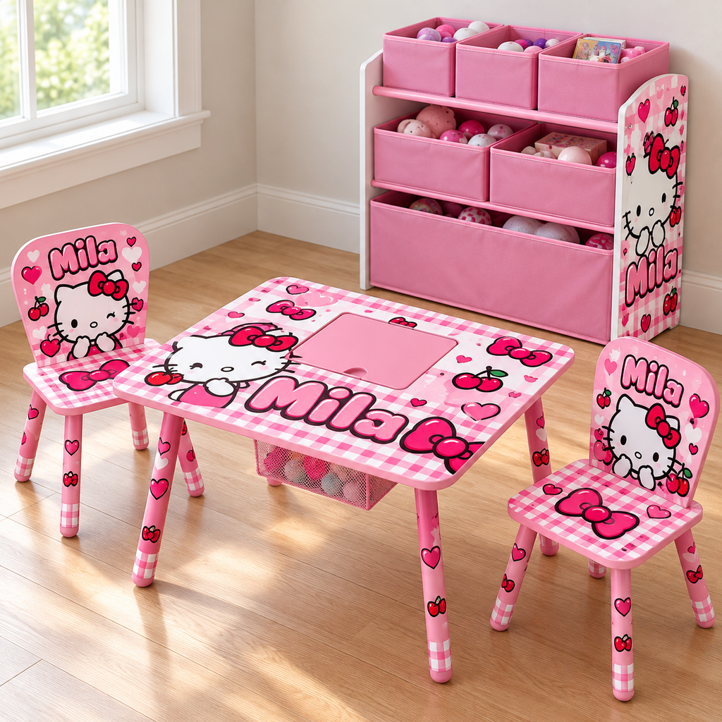 Hello Kitty themed custom kids table set with pink organizer bins — design preview