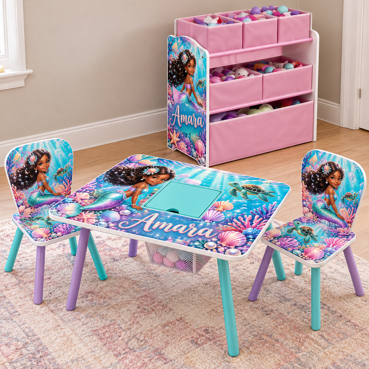Mermaid themed custom kids table set with pink organizer bins — design preview