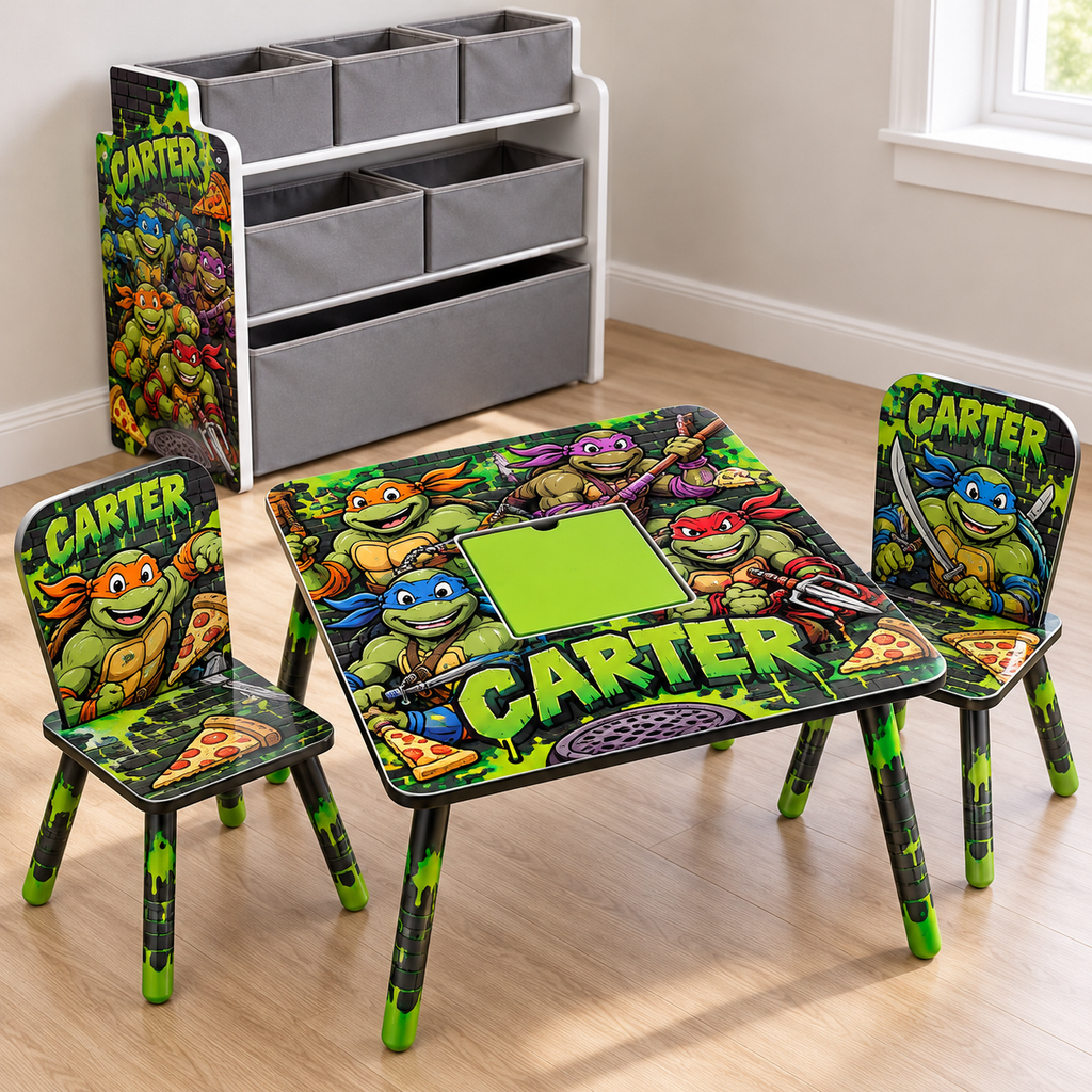 Ninja Turtles themed custom kids table set with gray organizer bins — design preview