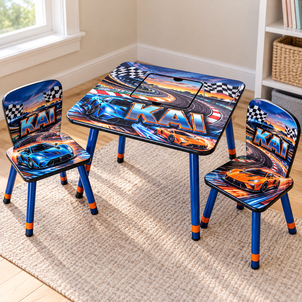 Race car themed custom kids table and two chairs — design preview