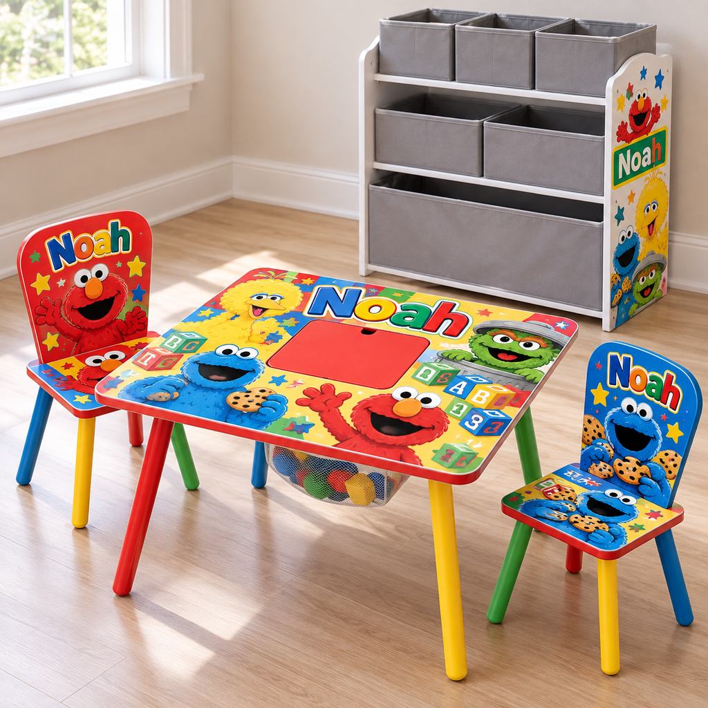 Sesame Street themed custom kids table set with gray organizer bins — design preview