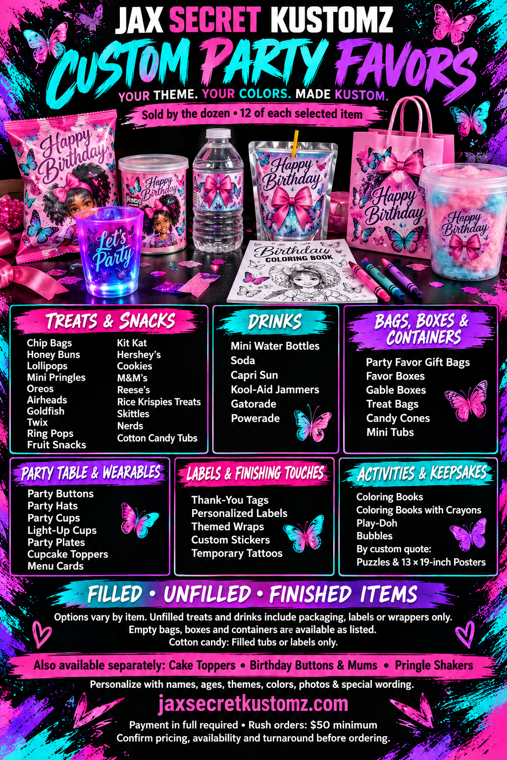 JAX Secret Kustomz full party favor selection flyer showing treats, drinks, containers, tableware, labels and activities