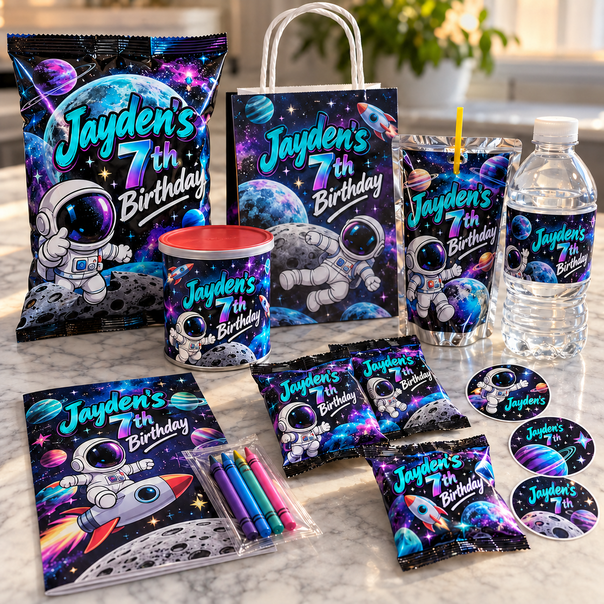 Coordinated space birthday party favors with personalized astronaut and galaxy designs
