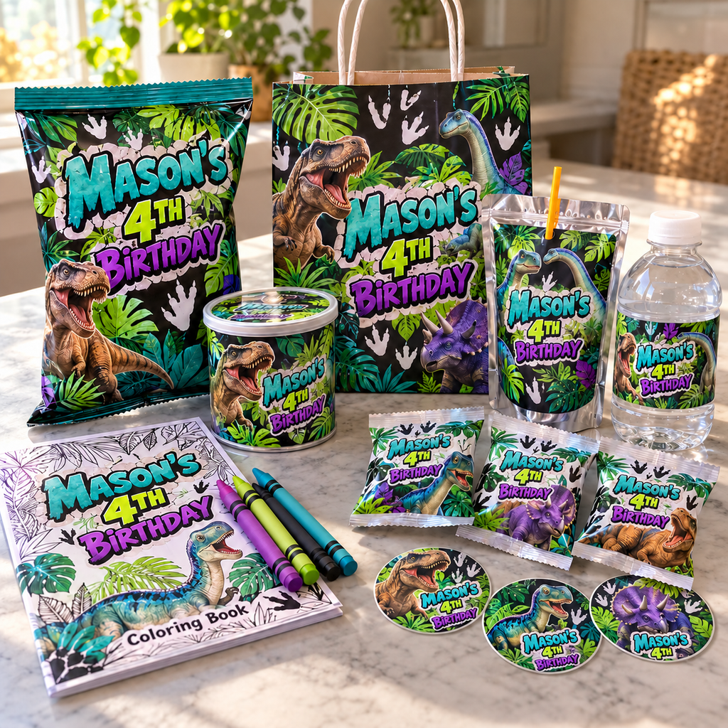 Coordinated dinosaur birthday party favors with personalized bags, drinks, mini Pringles and coloring book