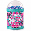 Design mockup of a customized mini Pringles shaker with butterfly birthday artwork and a clear confetti dome