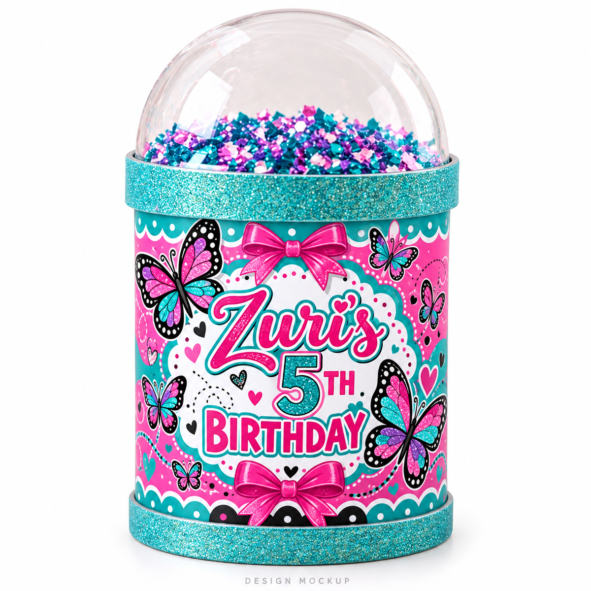 Design mockup of a customized mini Pringles shaker with butterfly birthday artwork and a clear confetti dome