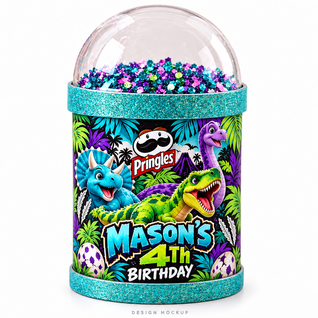 Design mockup of a customized mini Pringles shaker with dinosaur birthday artwork and a clear confetti dome