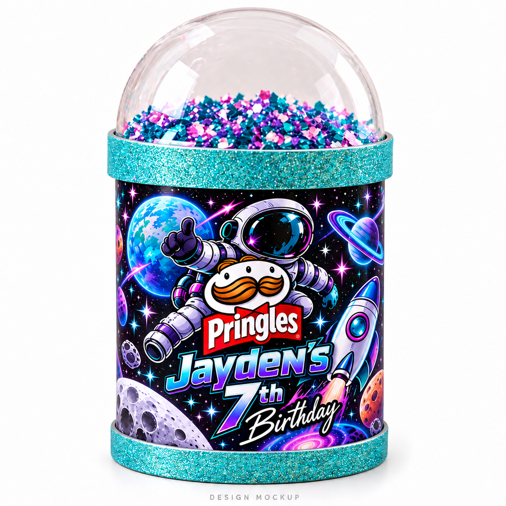 Design mockup of a customized mini Pringles shaker with space birthday artwork and a clear confetti dome
