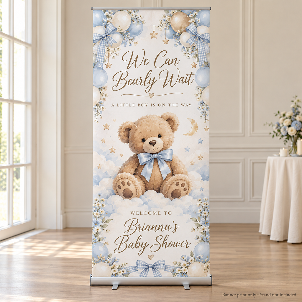 Blue and cream teddy bear baby shower retractable banner print; stand not included