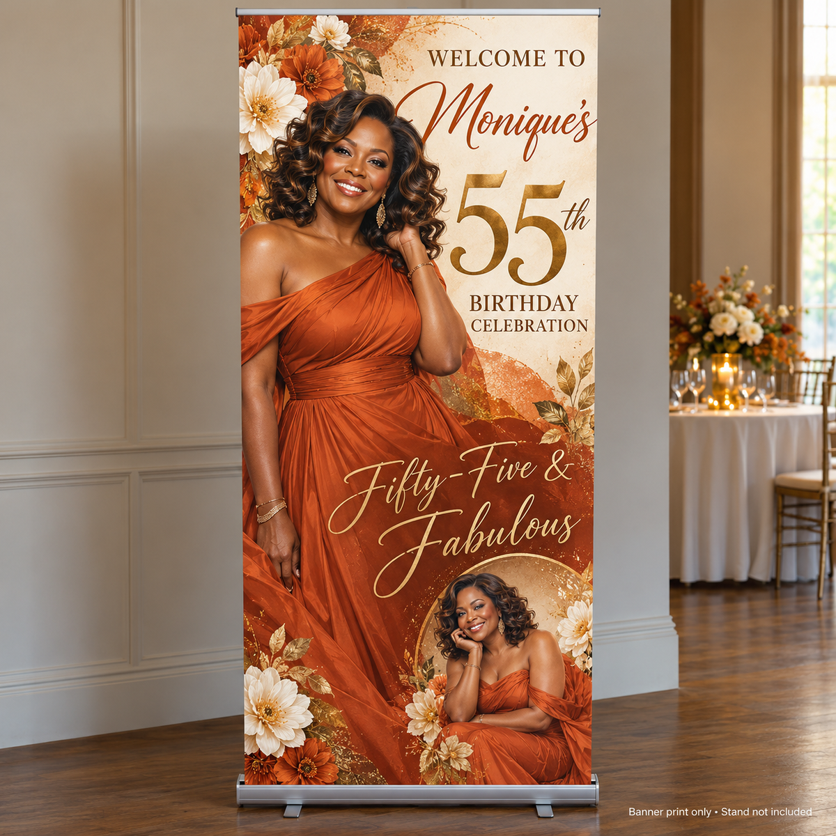 Burnt orange and cream personalized 55th birthday retractable banner print; stand not included