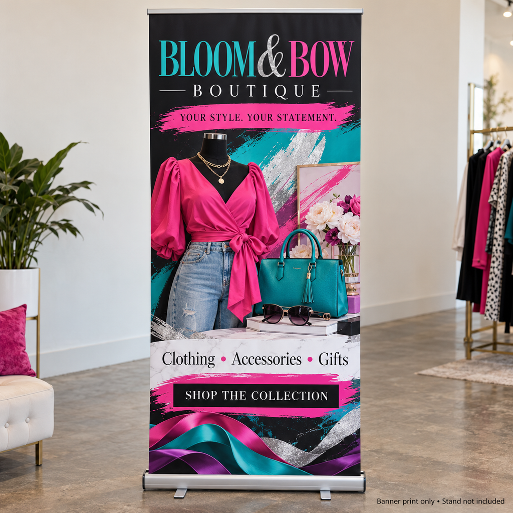 Custom retractable banner print with teal and pink boutique business design; stand not included