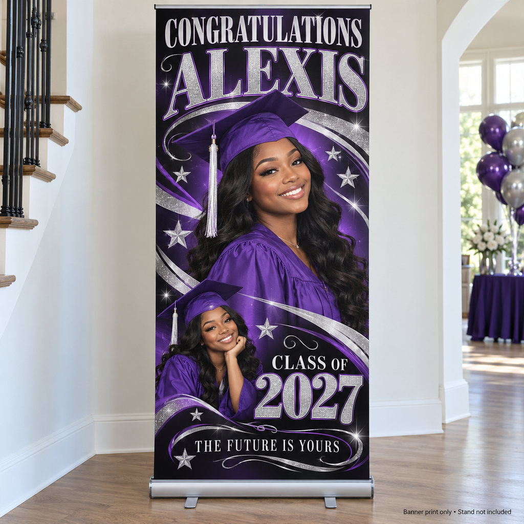 Purple and silver personalized graduation retractable banner print; stand not included